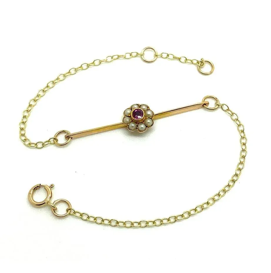 Antique Edwardian Pearl & Ruby 9ct Gold Flower Bracelet
