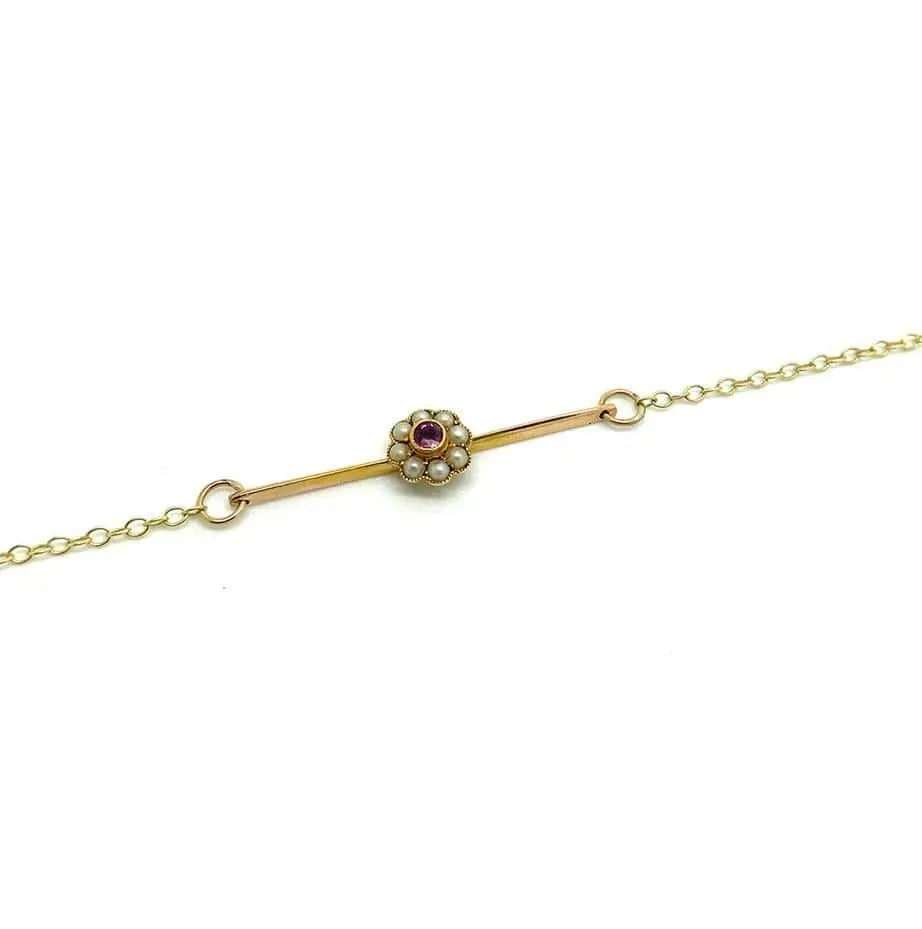Antique Edwardian Pearl & Ruby 9ct Gold Flower Bracelet