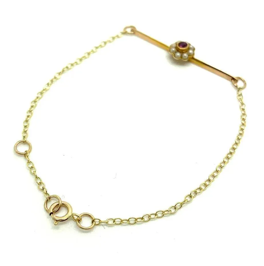 Antique Edwardian Pearl & Ruby 9ct Gold Flower Bracelet