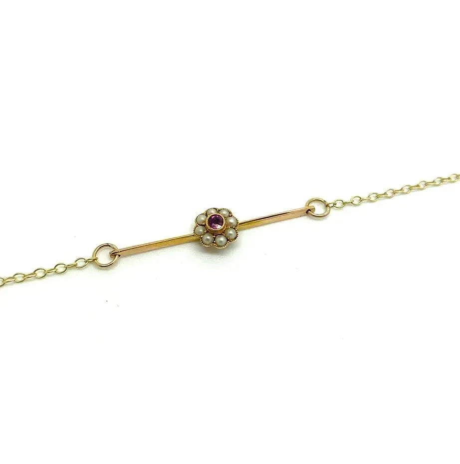 Antique Edwardian Pearl & Ruby 9ct Gold Flower Bracelet