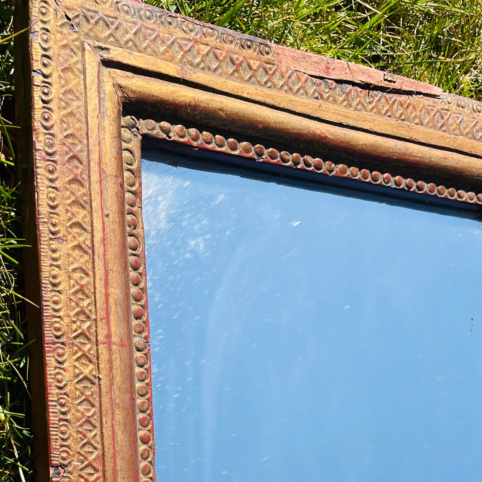 Antique Gold & Red Tone Wood Ornate Carved Thai 17.5" Long Wall Art Decor Mirror