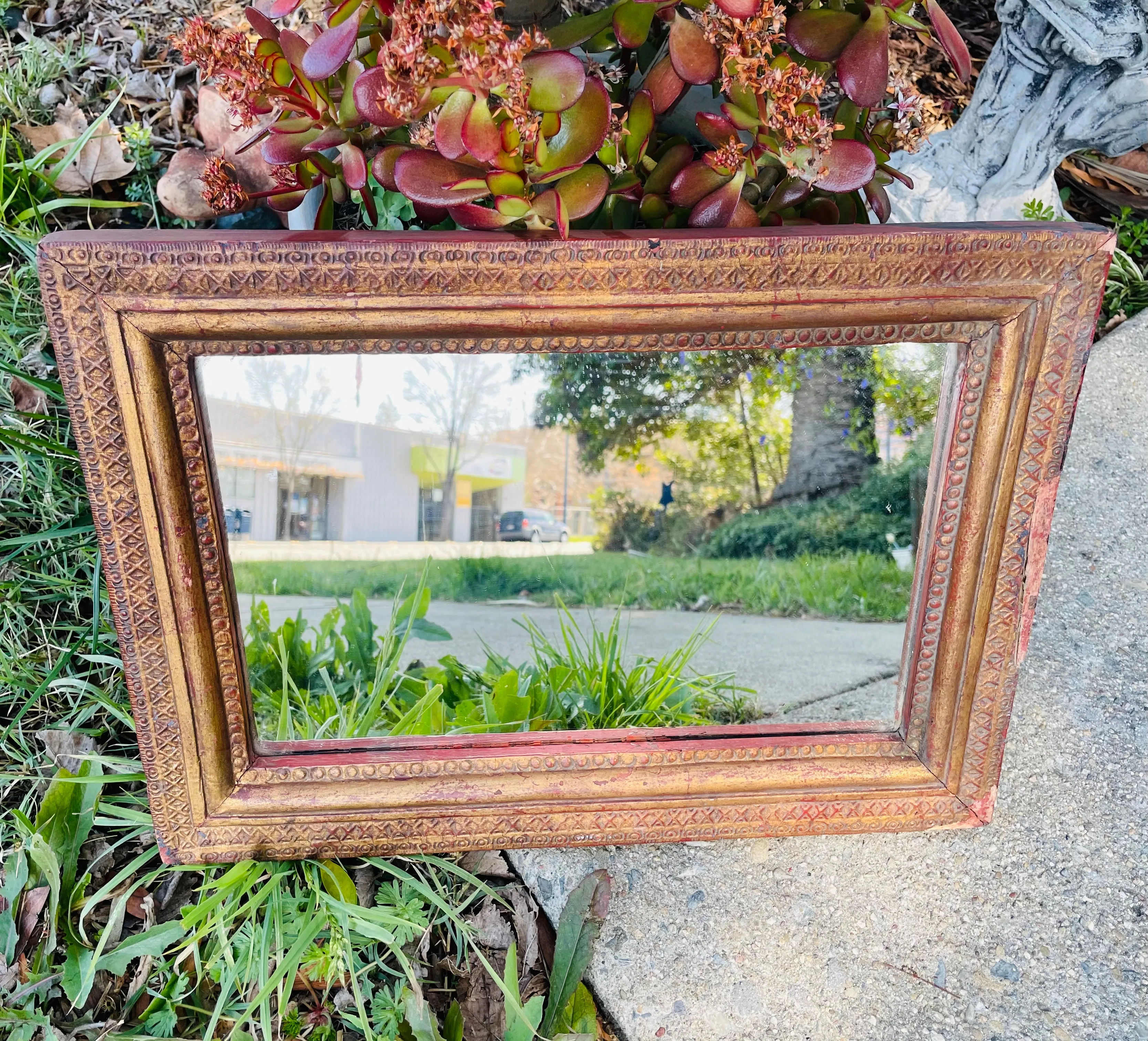 Antique Gold & Red Tone Wood Ornate Carved Thai 17.5" Long Wall Art Decor Mirror