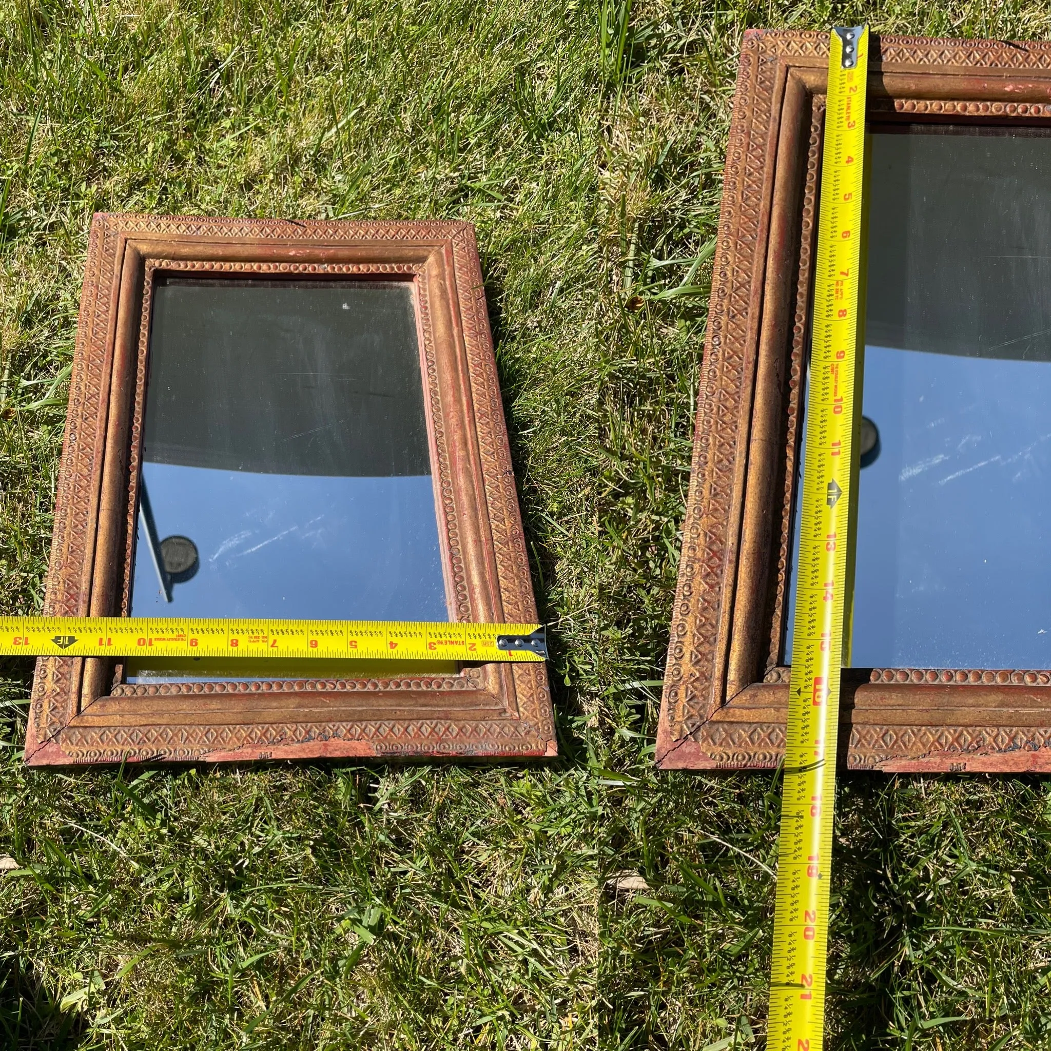 Antique Gold & Red Tone Wood Ornate Carved Thai 17.5" Long Wall Art Decor Mirror