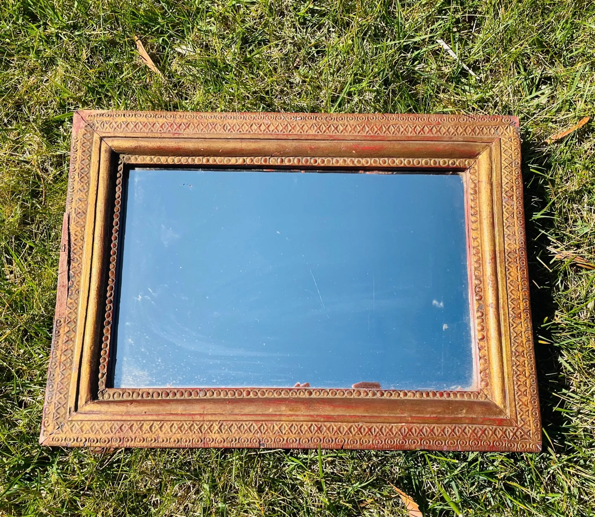 Antique Gold & Red Tone Wood Ornate Carved Thai 17.5" Long Wall Art Decor Mirror