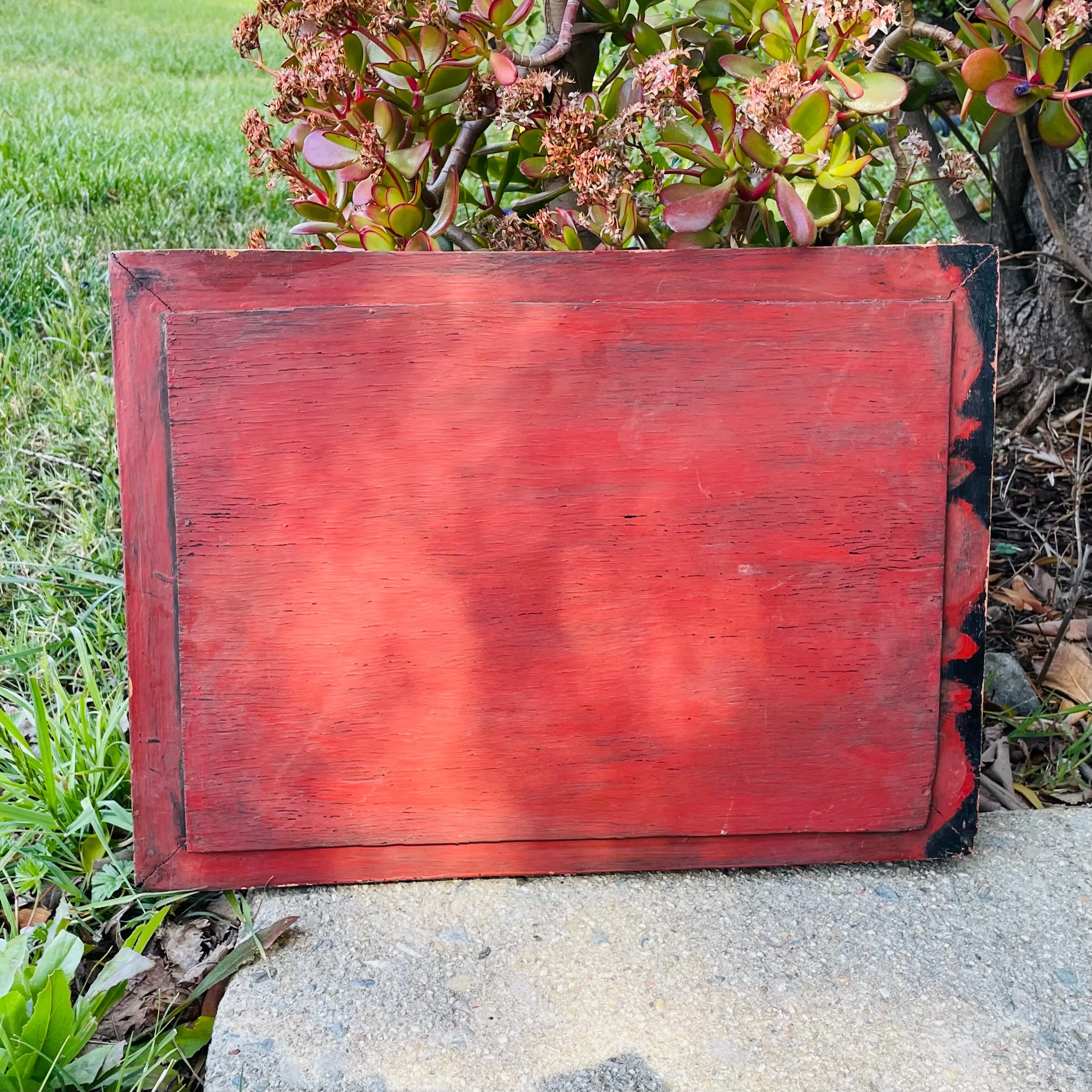 Antique Gold & Red Tone Wood Ornate Carved Thai 17.5" Long Wall Art Decor Mirror