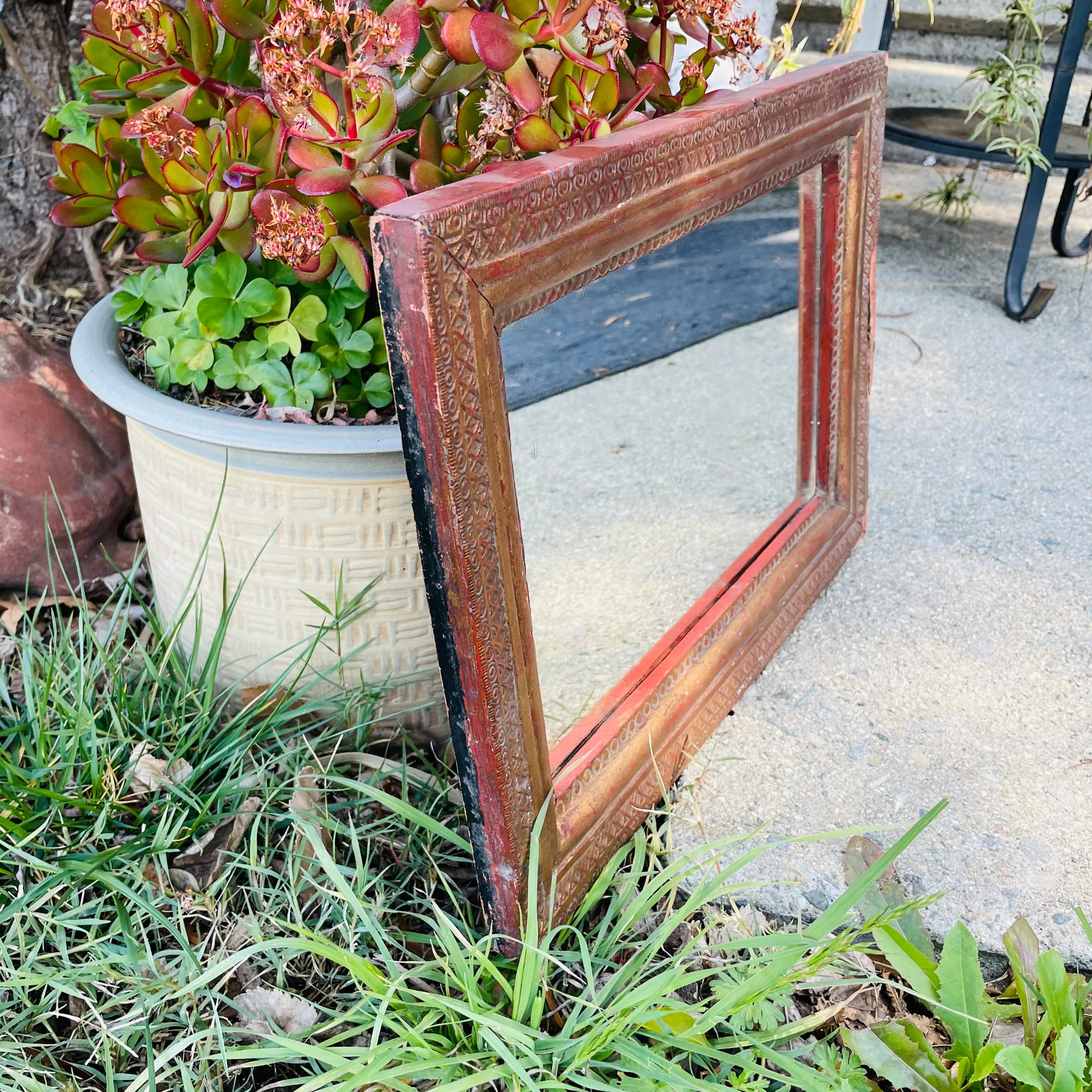 Antique Gold & Red Tone Wood Ornate Carved Thai 17.5" Long Wall Art Decor Mirror