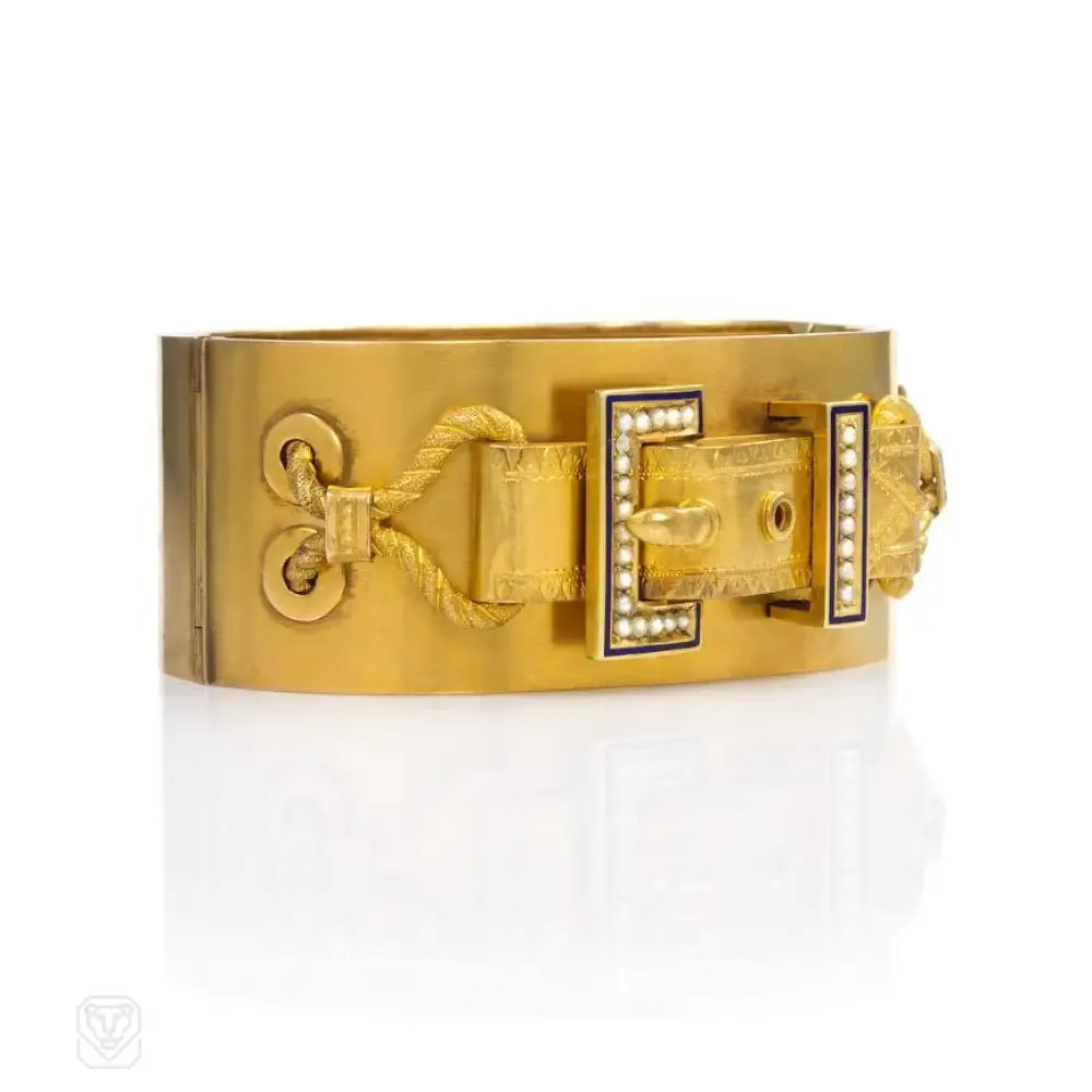 Antique gold, enamel, and pearl buckle bangle