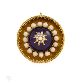 Antique gold, foiled amethyst, coral, and pearl target brooch