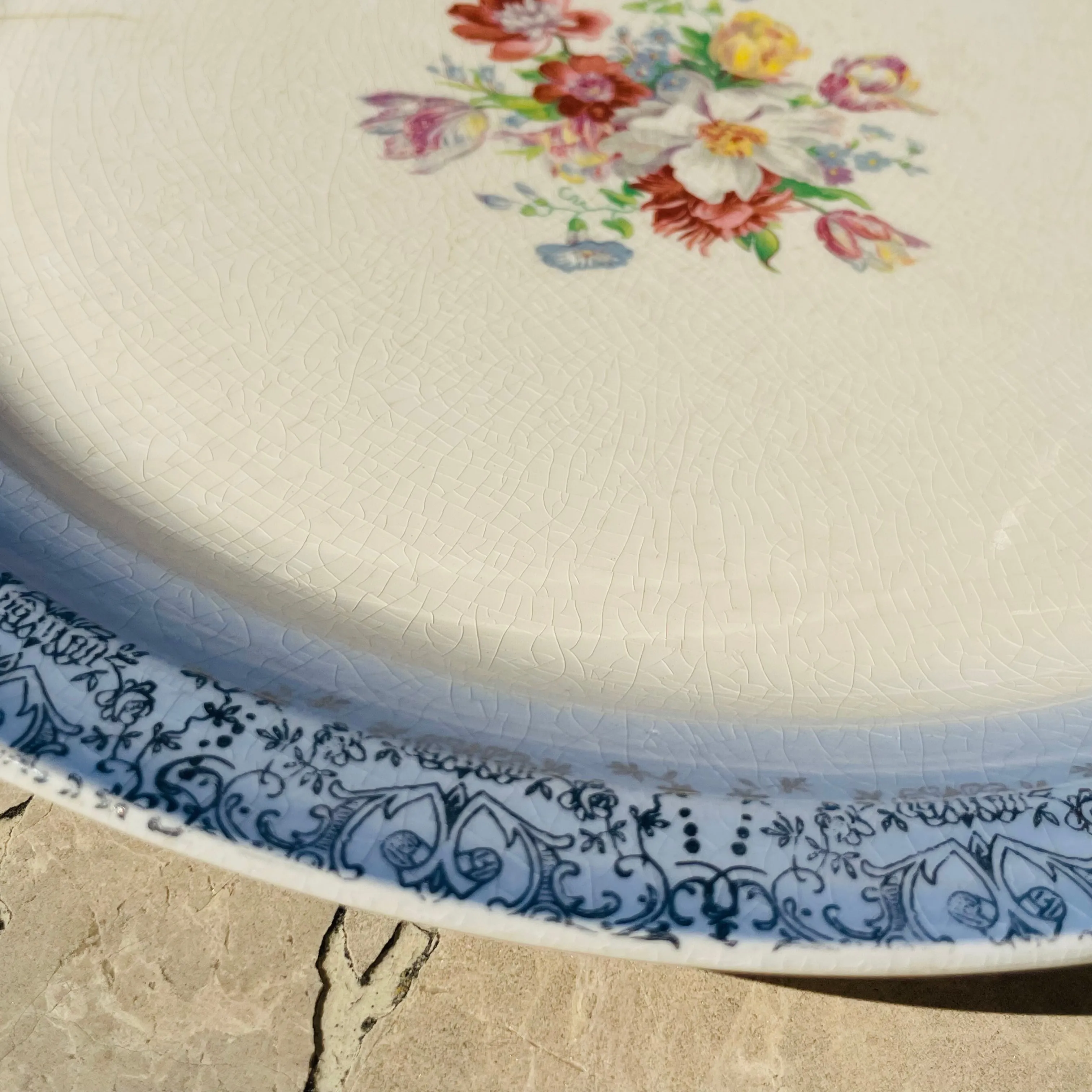 Antique Madera USA Laced Blue Floral Large Ceramic Serving Plate Dish Platter
