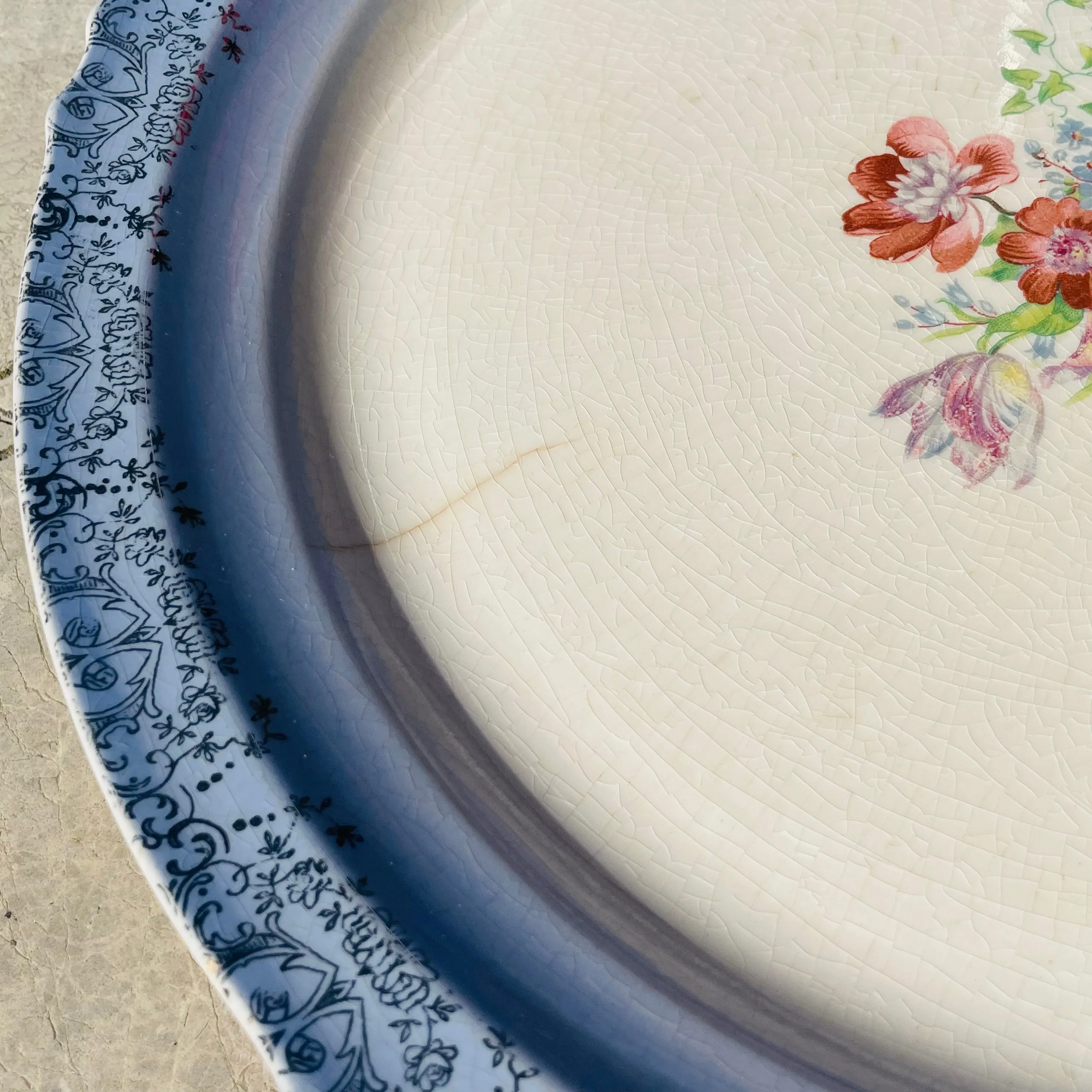 Antique Madera USA Laced Blue Floral Large Ceramic Serving Plate Dish Platter
