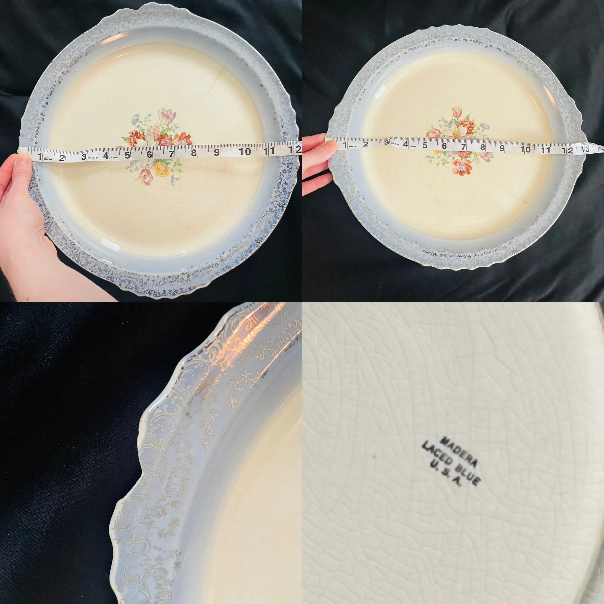 Antique Madera USA Laced Blue Floral Large Ceramic Serving Plate Dish Platter