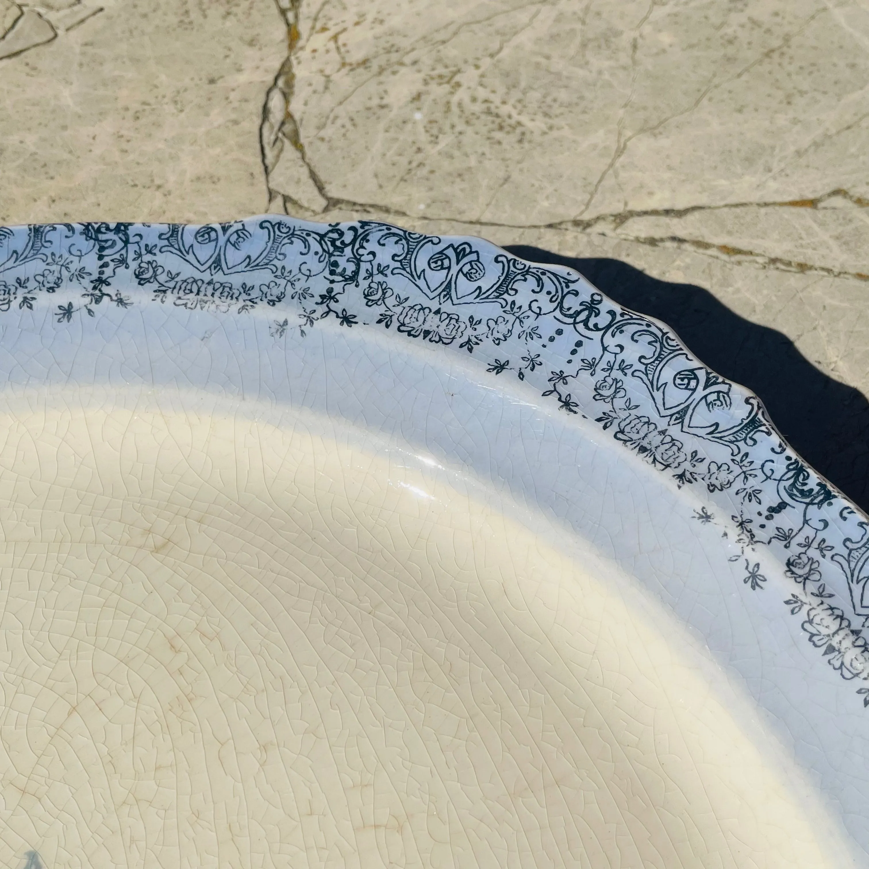Antique Madera USA Laced Blue Floral Large Ceramic Serving Plate Dish Platter