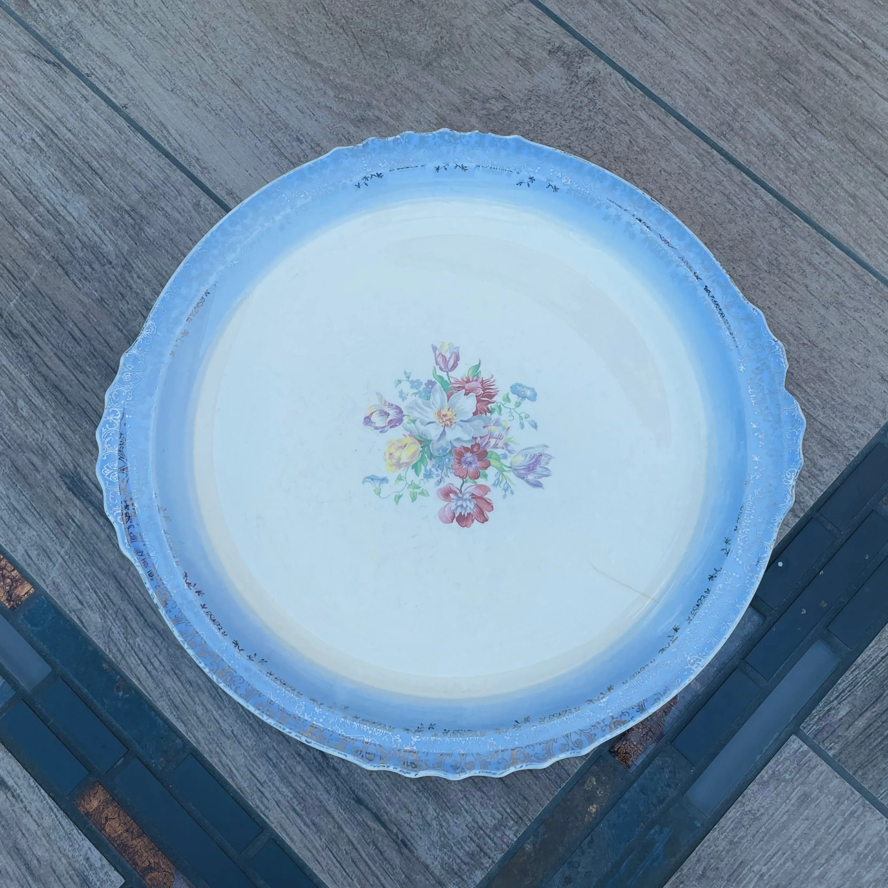 Antique Madera USA Laced Blue Floral Large Ceramic Serving Plate Dish Platter