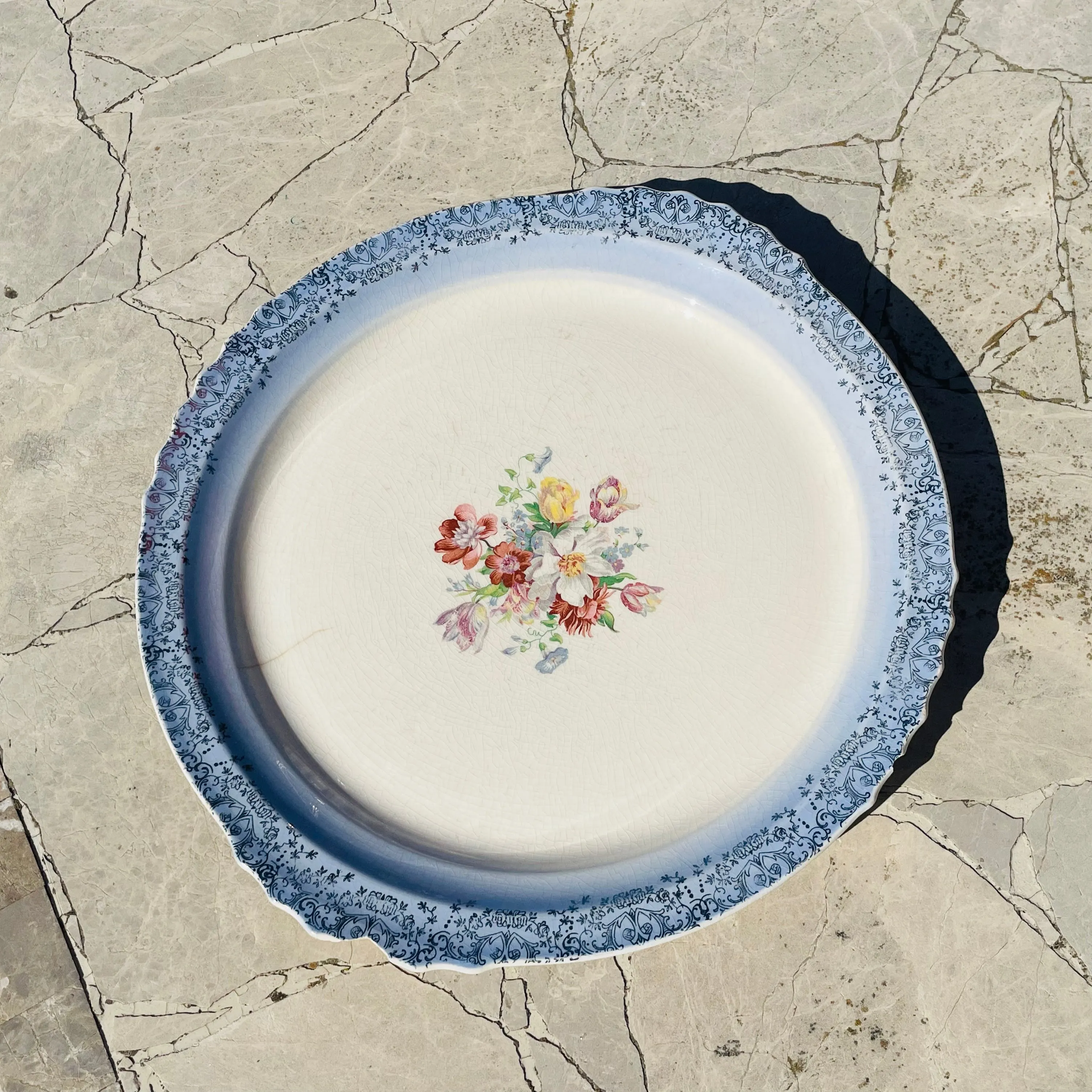 Antique Madera USA Laced Blue Floral Large Ceramic Serving Plate Dish Platter