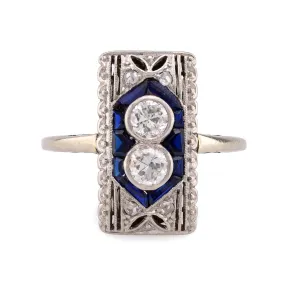 Art Deco Diamond Sapphire 18K White Gold Two Stone Ring