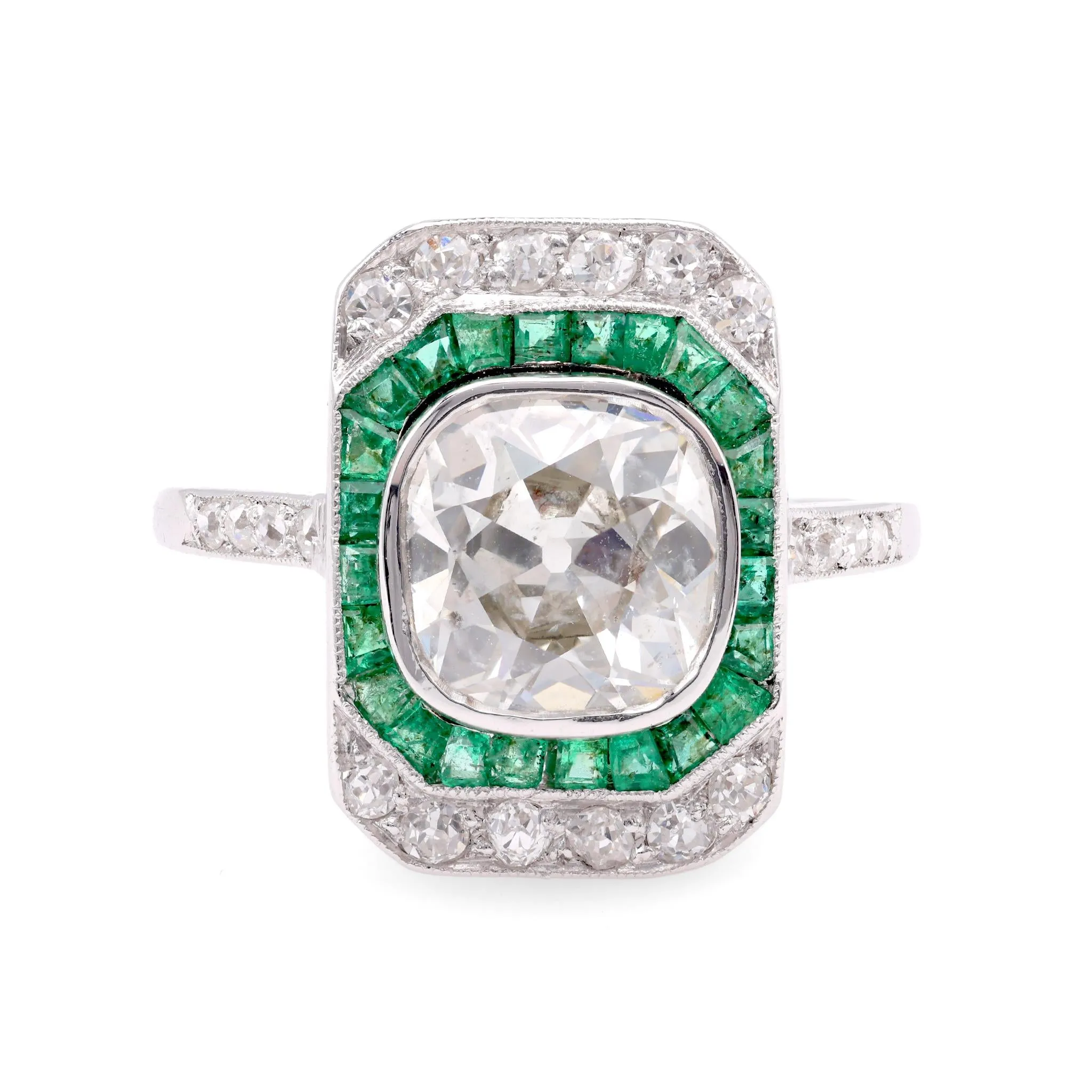 Art Deco GIA 2.11 Carat Old Mine Cut Diamond Emerald Platinum Engagement Ring