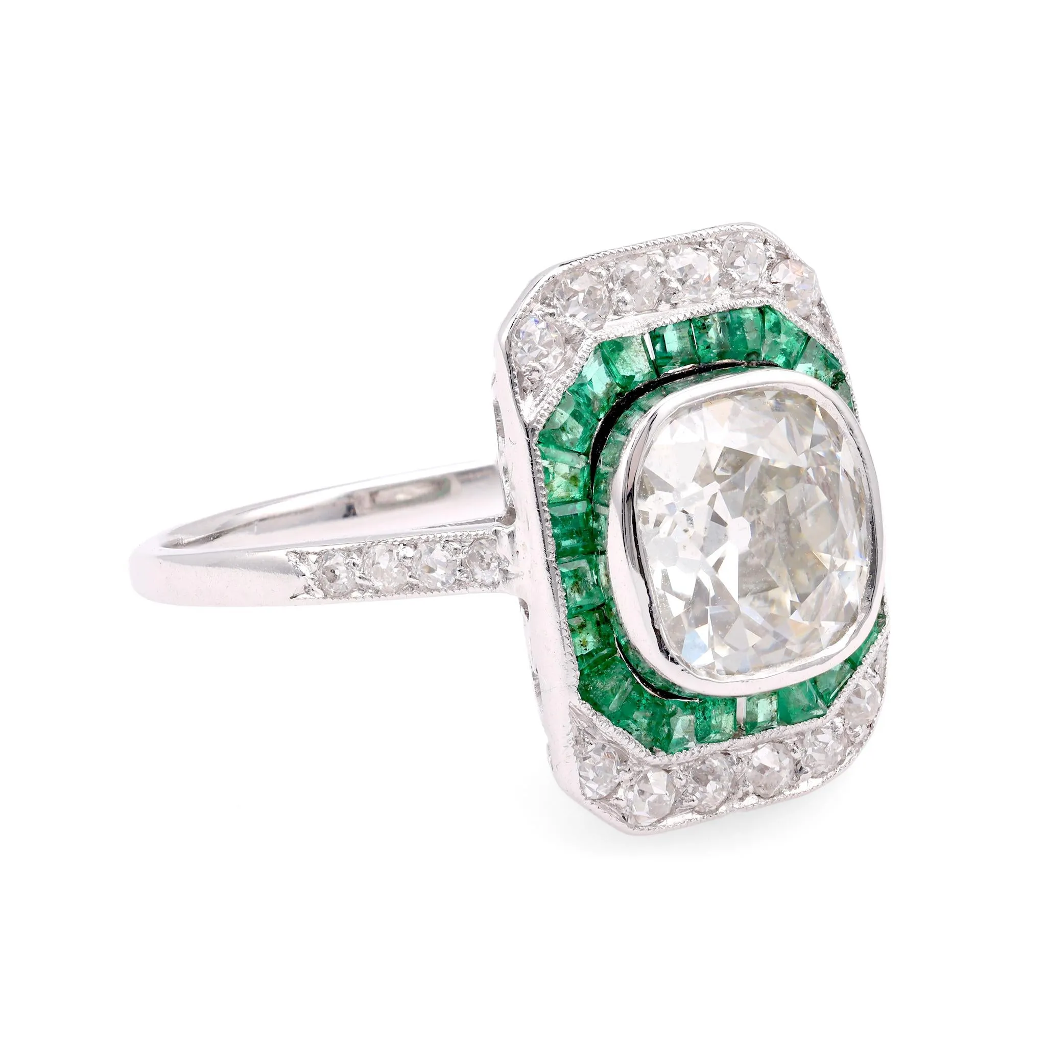 Art Deco GIA 2.11 Carat Old Mine Cut Diamond Emerald Platinum Engagement Ring