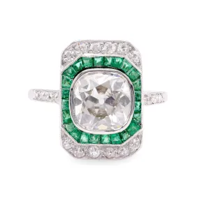 Art Deco GIA 2.11 Carat Old Mine Cut Diamond Emerald Platinum Engagement Ring