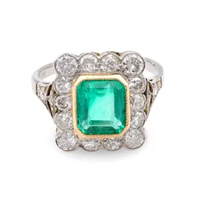 Art Deco Inspired GIA 1.4 Carat Emerald Diamond Cluster Ring