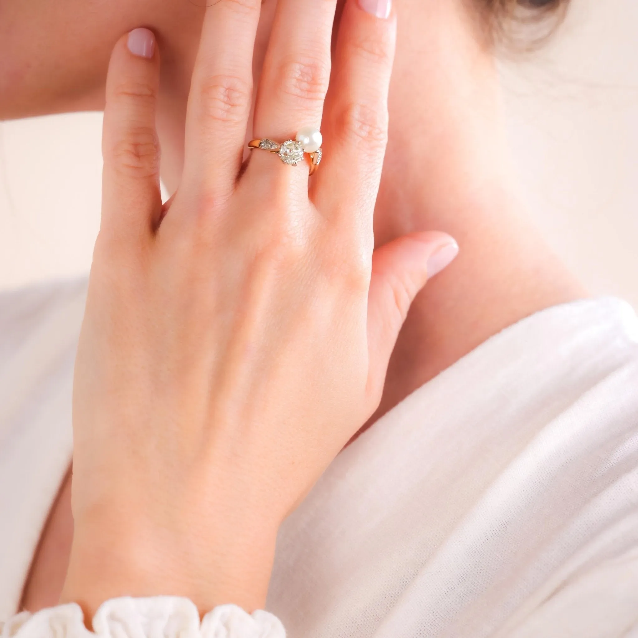 Belle Epoque GIA Diamond Pearl 18K Yellow Gold and Platinum Toi et Moi Ring