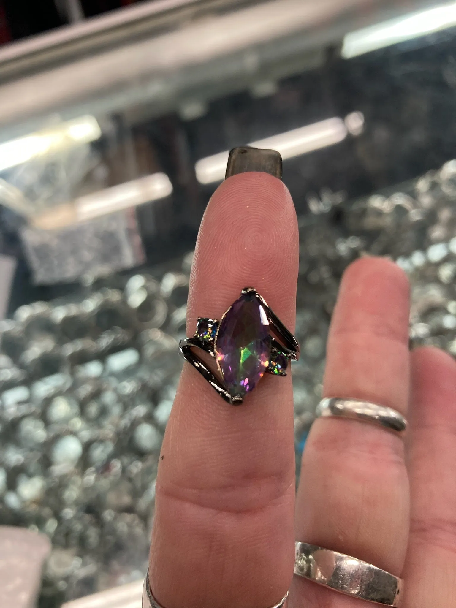 Black Band w/ Iridescent Zircon Marquise Oval Ring