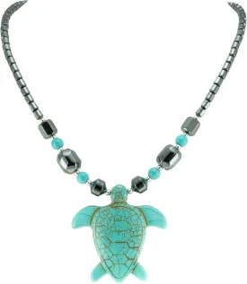 BlueRica Large Turquoise Sea Turtle on Hematite Beads Necklace