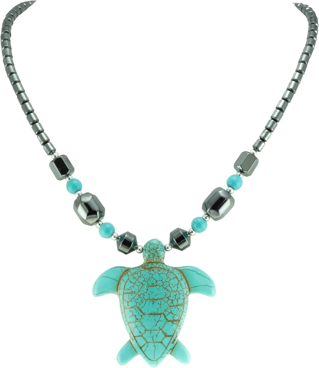 BlueRica Large Turquoise Sea Turtle on Hematite Beads Necklace