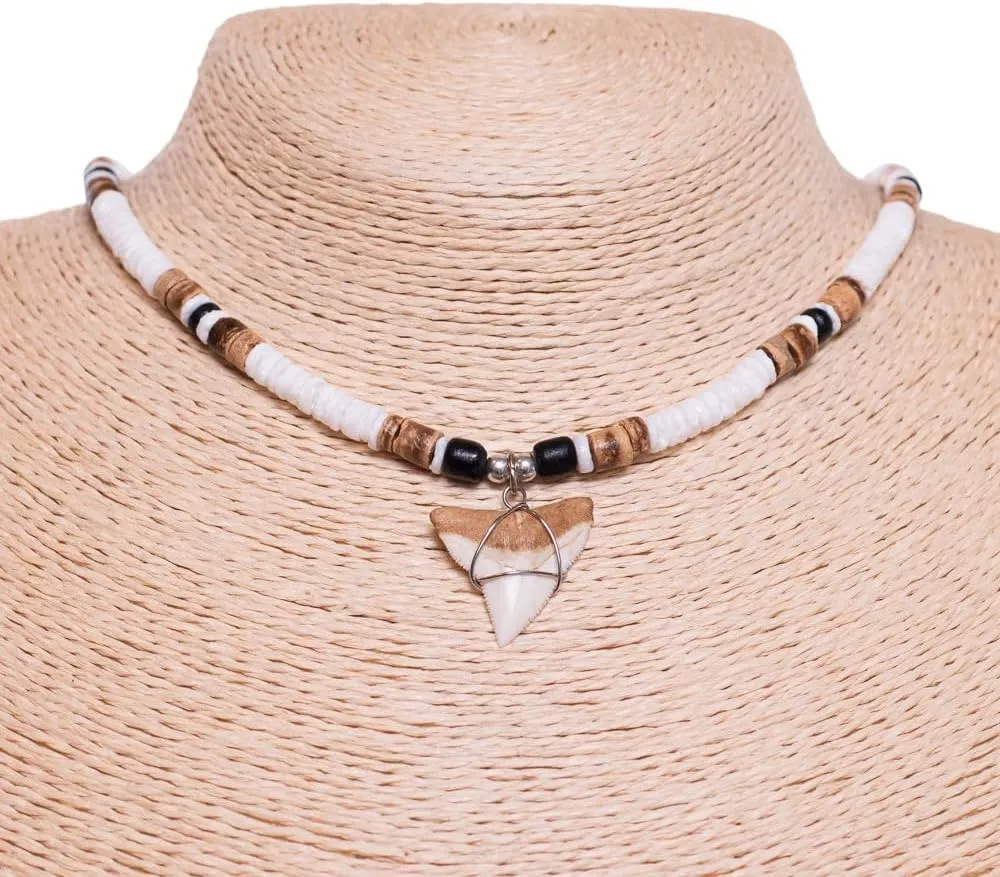 BlueRica Shark Tooth on Puka Shell Beads Necklace (18" 3U)