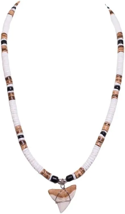 BlueRica Shark Tooth on Puka Shell Beads Necklace (18" 3U)