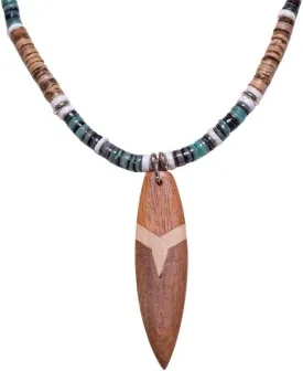 BlueRica Wood Surfboard on Tiger Coconut Beads & Green Shell Beads Necklace