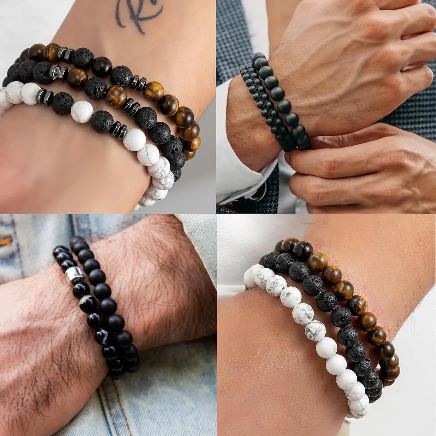 BMMYE 8MM-Tiger Eye Beaded Bracelets for Men Natural Stone Elastic Bracelet Set Lava Rock Beaded Bracelets for Men,Birthday Gifts for Son Boyfriend Brother for Him