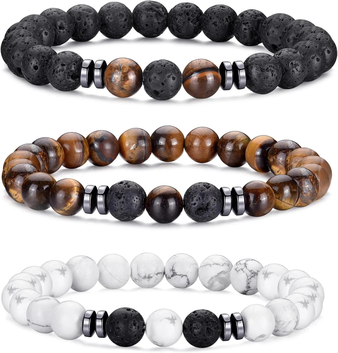 BMMYE 8MM-Tiger Eye Beaded Bracelets for Men Natural Stone Elastic Bracelet Set Lava Rock Beaded Bracelets for Men,Birthday Gifts for Son Boyfriend Brother for Him