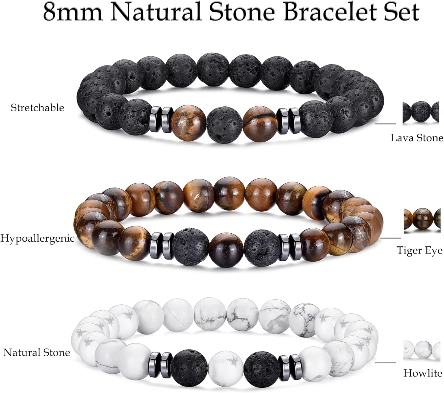BMMYE 8MM-Tiger Eye Beaded Bracelets for Men Natural Stone Elastic Bracelet Set Lava Rock Beaded Bracelets for Men,Birthday Gifts for Son Boyfriend Brother for Him