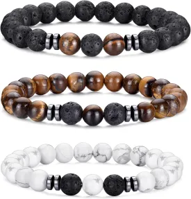 BMMYE 8MM-Tiger Eye Beaded Bracelets for Men Natural Stone Elastic Bracelet Set Lava Rock Beaded Bracelets for Men,Birthday Gifts for Son Boyfriend Brother for Him