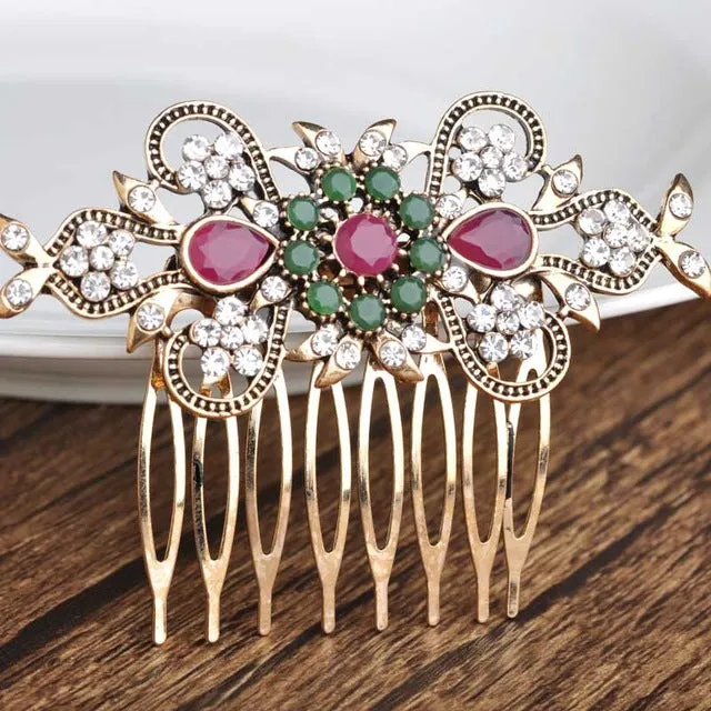 Bridal Wedding Hair Accessories Red Crystal Flower Hair Comb