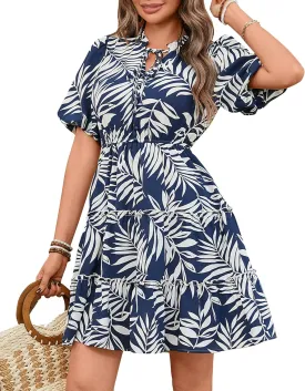 BTFBM Women Summer Floral Short Dresses V Neck Short Sleeve Tiered Ruffle Boho Swing Dress A-Line Mini Dresses