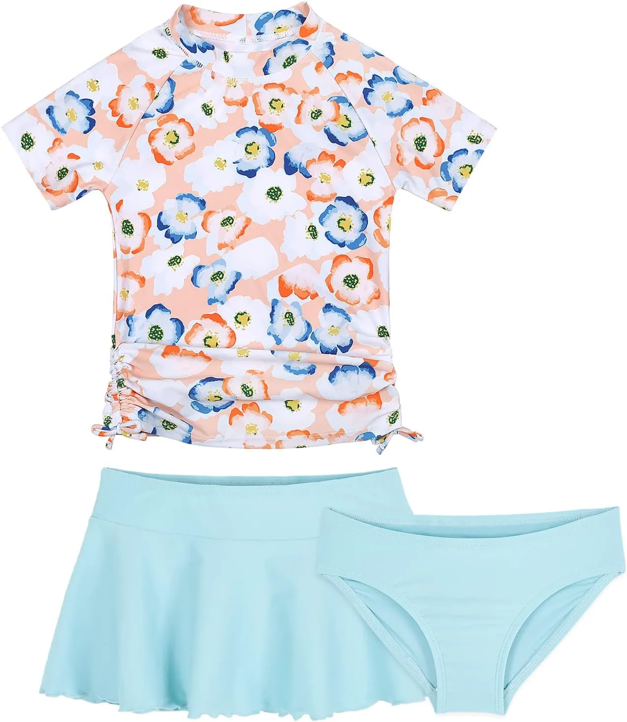 Cadocado Girls Rash Guard Swimwear 3 Pieces Bathing Suit UPF 50  Floral Swim Set Short Sleeve Swimsuit with Skirt