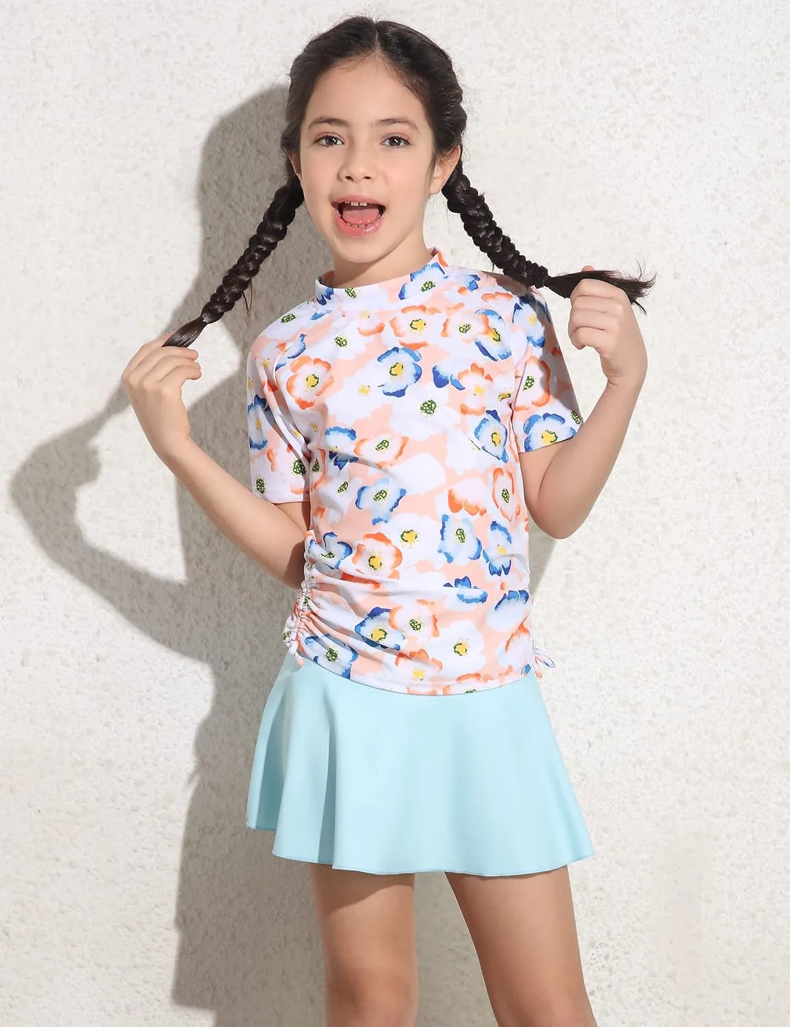 Cadocado Girls Rash Guard Swimwear 3 Pieces Bathing Suit UPF 50  Floral Swim Set Short Sleeve Swimsuit with Skirt