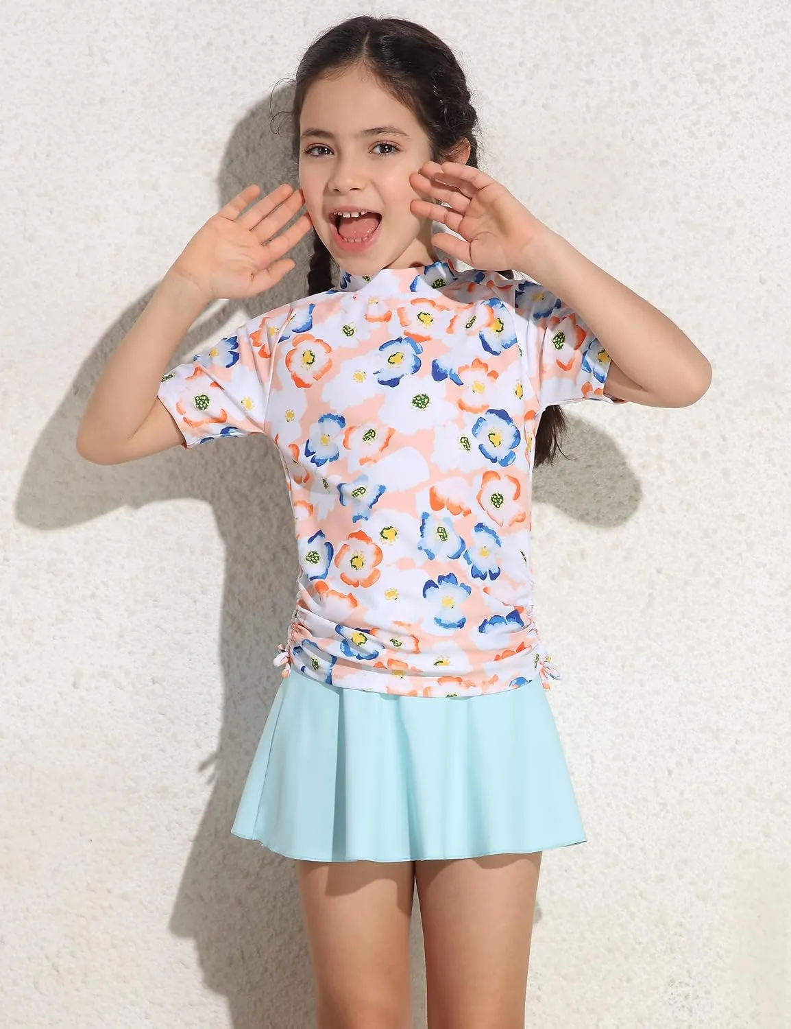 Cadocado Girls Rash Guard Swimwear 3 Pieces Bathing Suit UPF 50  Floral Swim Set Short Sleeve Swimsuit with Skirt