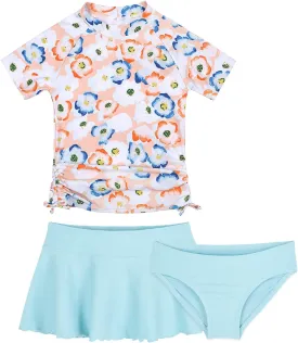Cadocado Girls Rash Guard Swimwear 3 Pieces Bathing Suit UPF 50  Floral Swim Set Short Sleeve Swimsuit with Skirt