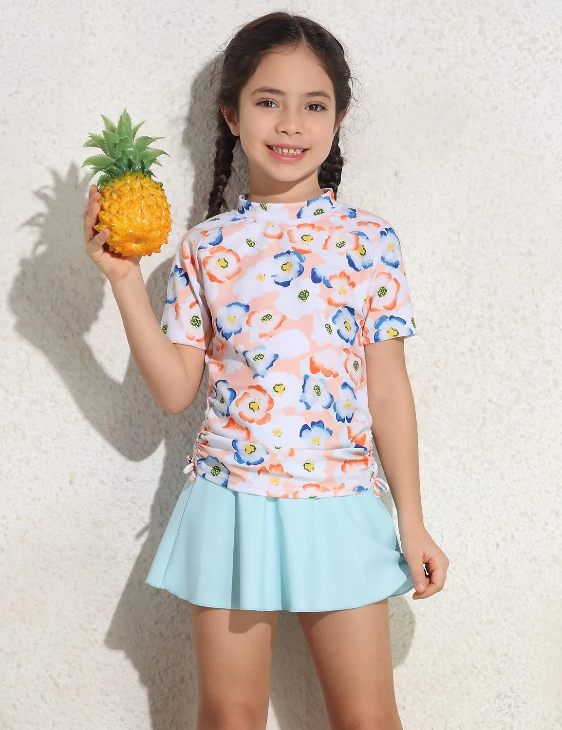 Cadocado Girls Rash Guard Swimwear 3 Pieces Bathing Suit UPF 50  Floral Swim Set Short Sleeve Swimsuit with Skirt
