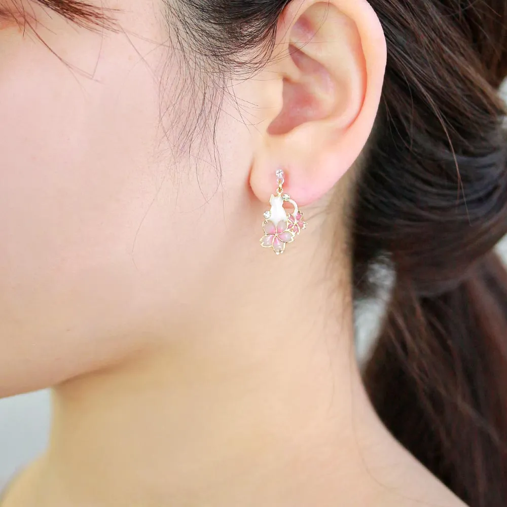 Cherry Blossom Sakura and Cat Invisible Clip On Earrings