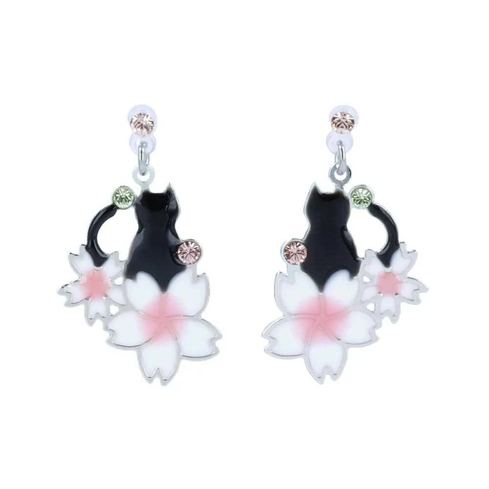 Cherry Blossom Sakura and Cat Invisible Clip On Earrings