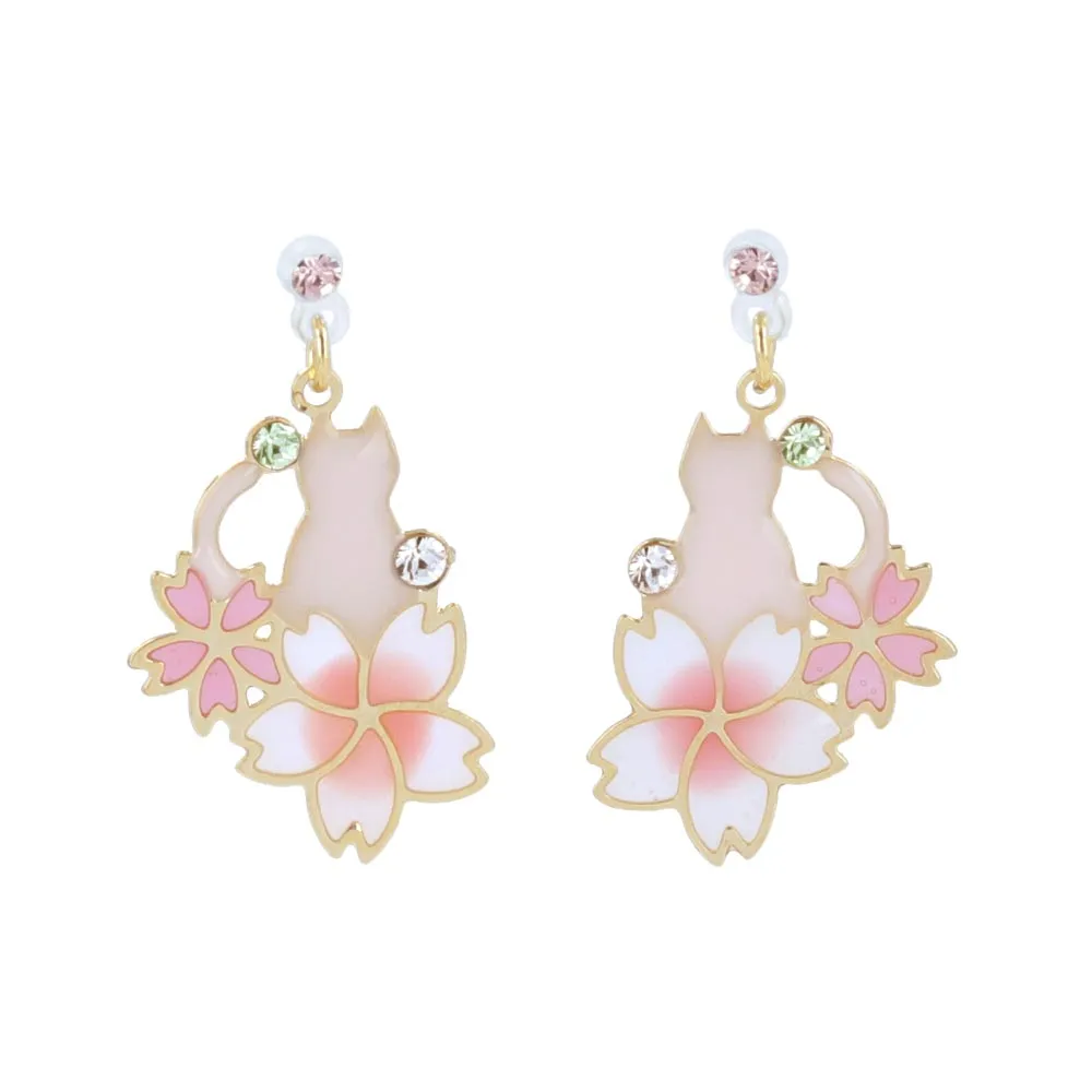 Cherry Blossom Sakura and Cat Invisible Clip On Earrings