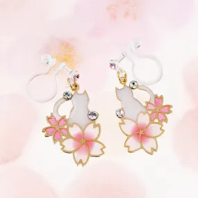 Cherry Blossom Sakura and Cat Invisible Clip On Earrings