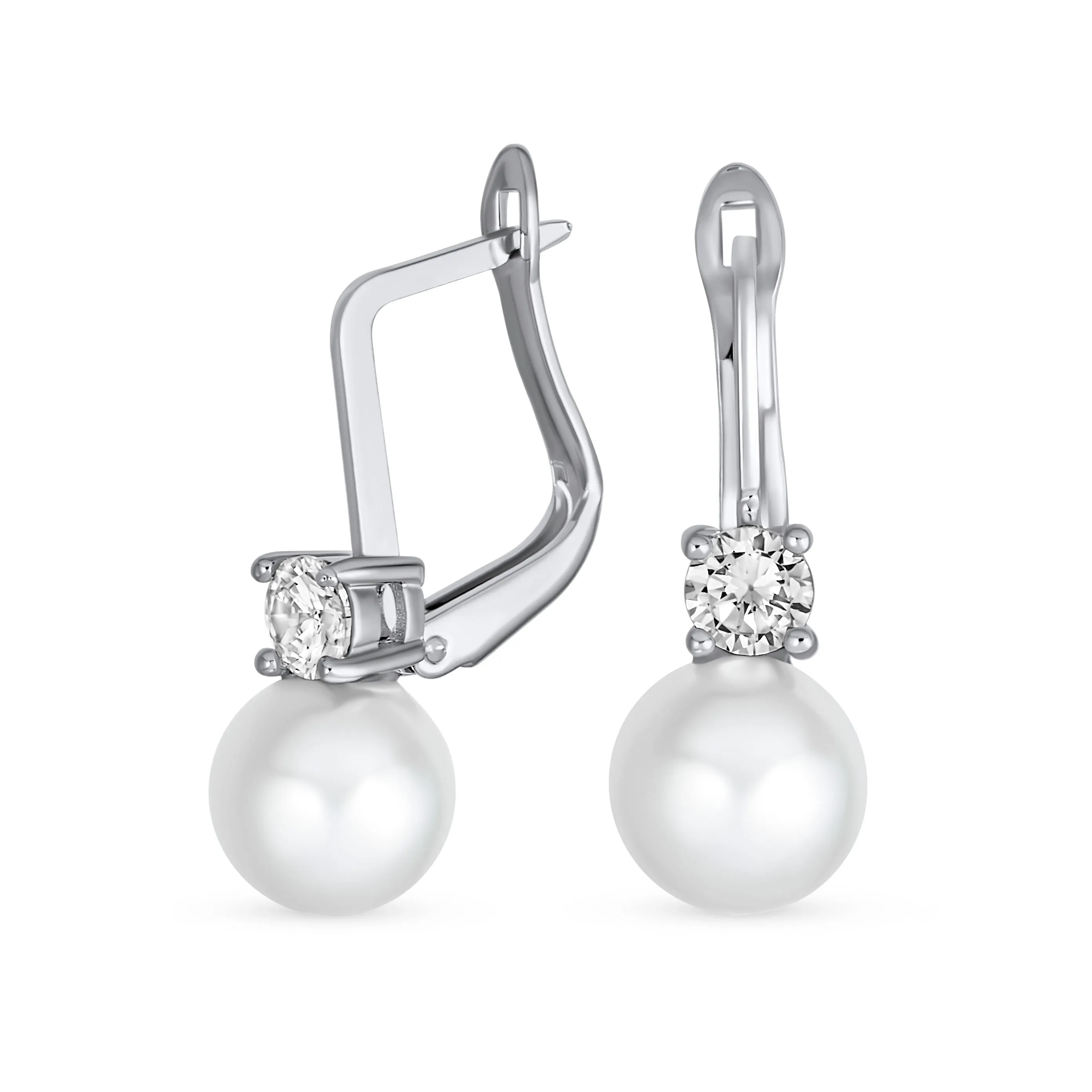 Classic Bridal White Pave CZ Half Hoop Ball Drop Glass Pearl Earrings