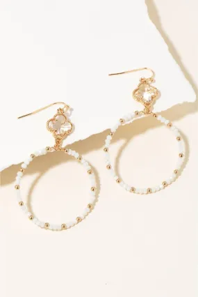 Clover Gem Mini Beaded Hoop Drop Earrings - White