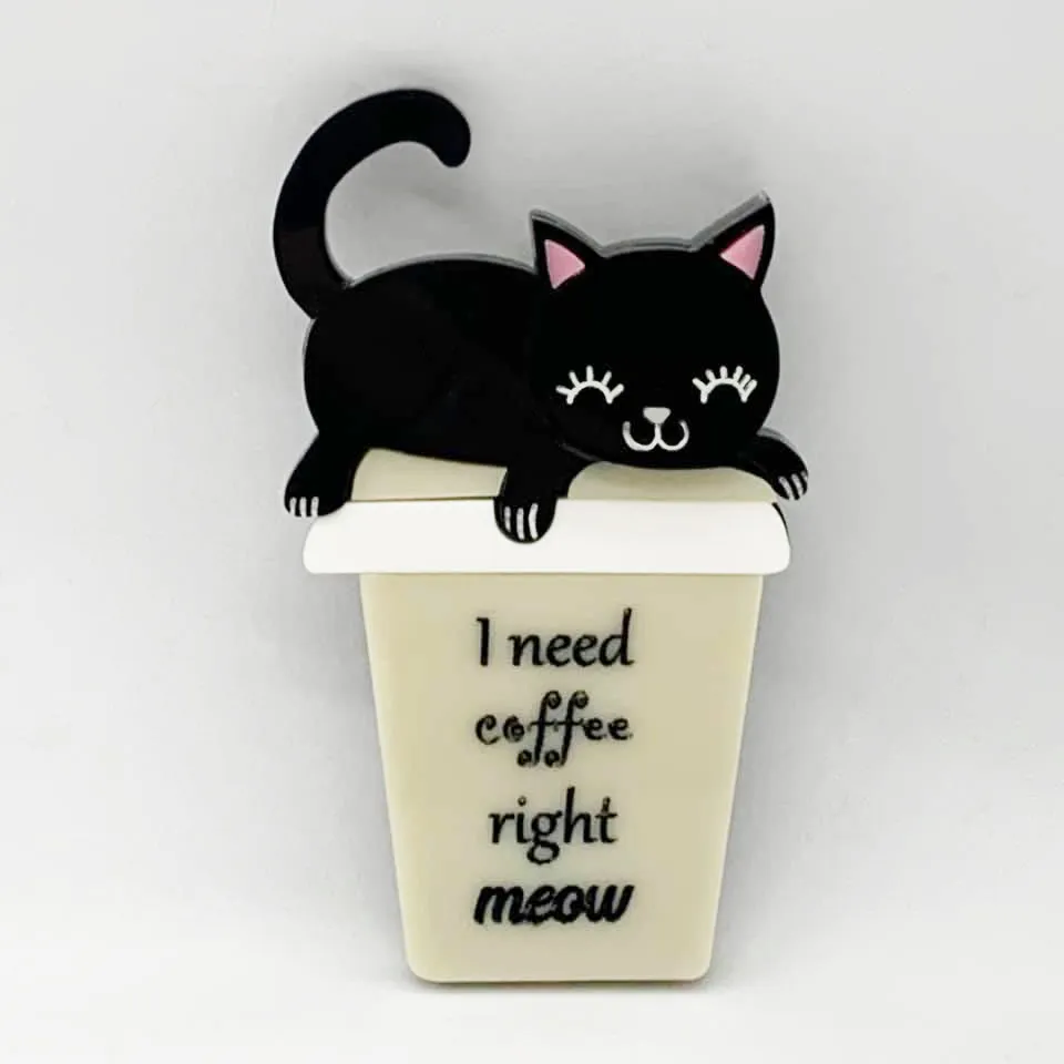 Coffee Time - Black Kitty - Brooch