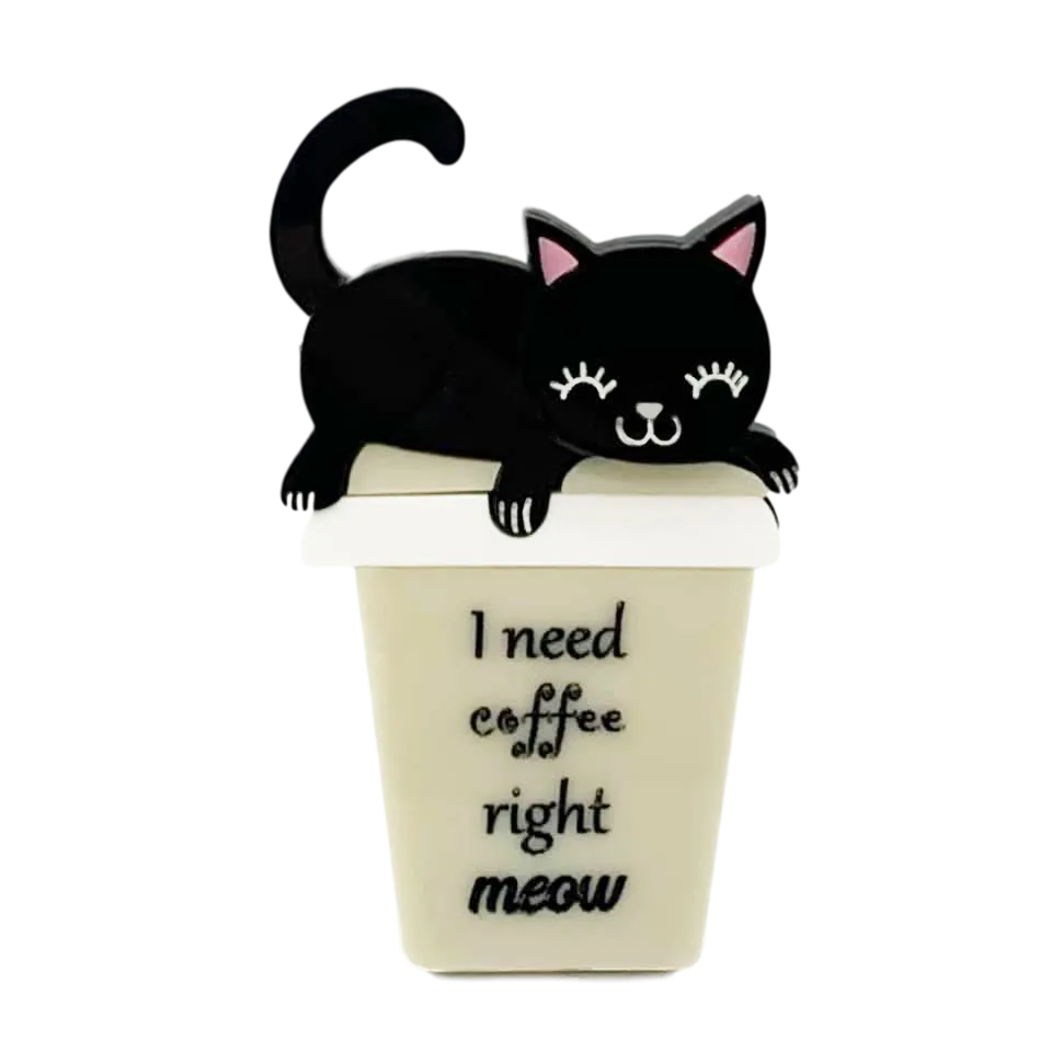 Coffee Time - Black Kitty - Brooch