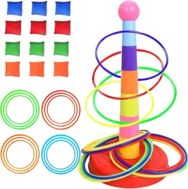 Colorful Plastic Sport Ring Toss Game Set for Kids,1 Colorful Columns 24 Rings 12 Bean Bags,Outside Toys Carnival Ring Circle Game,Outdoor Kids Sports Educational Toys